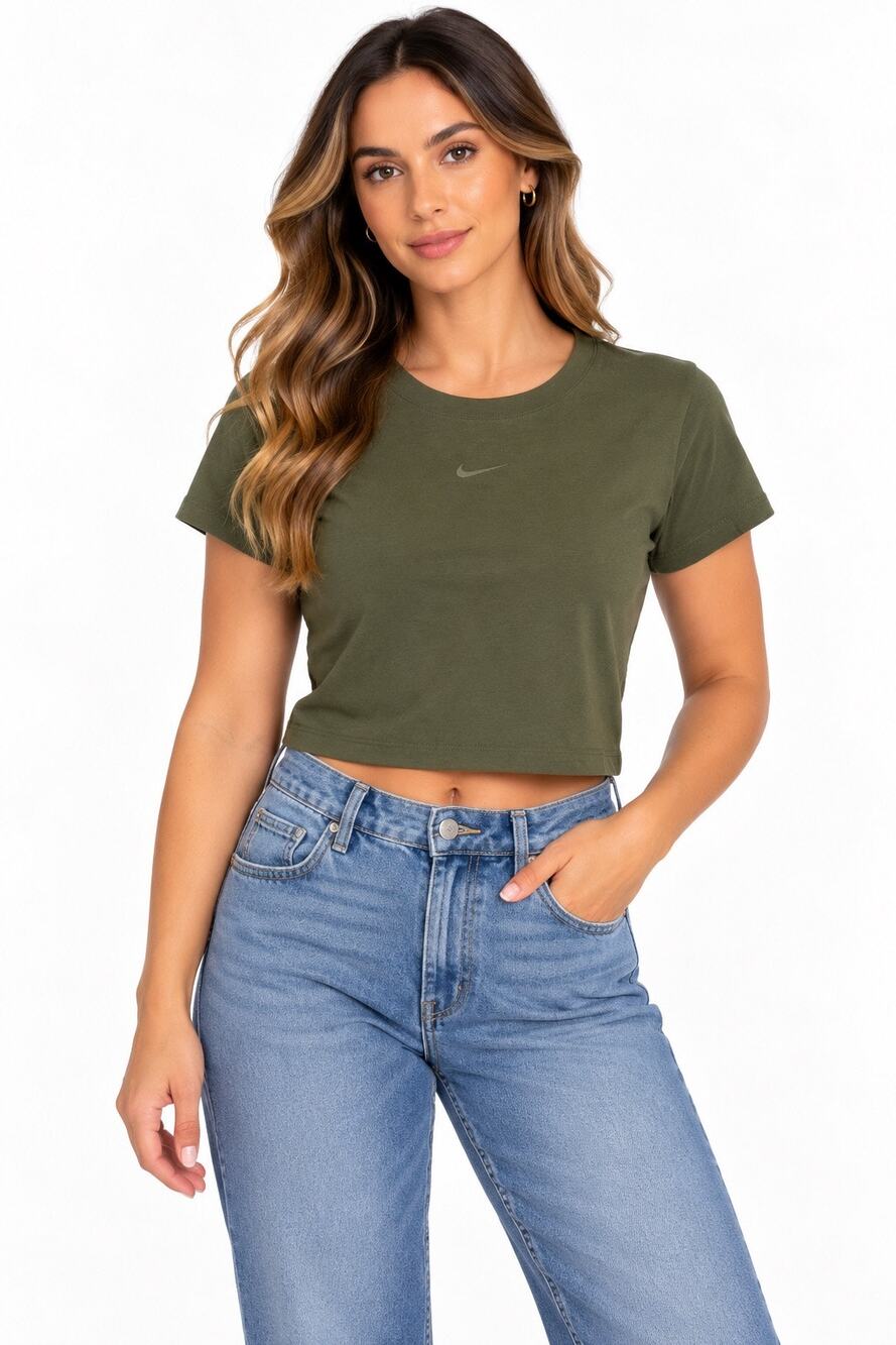 Nike Women's Olive Green Slim Fit Cropped T-Shirt Small - Swoosh Logo Tee